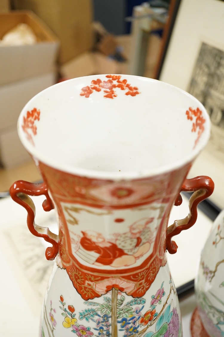A pair of tall Japanese two handled Kutani style vases, c.1900, 41cm high